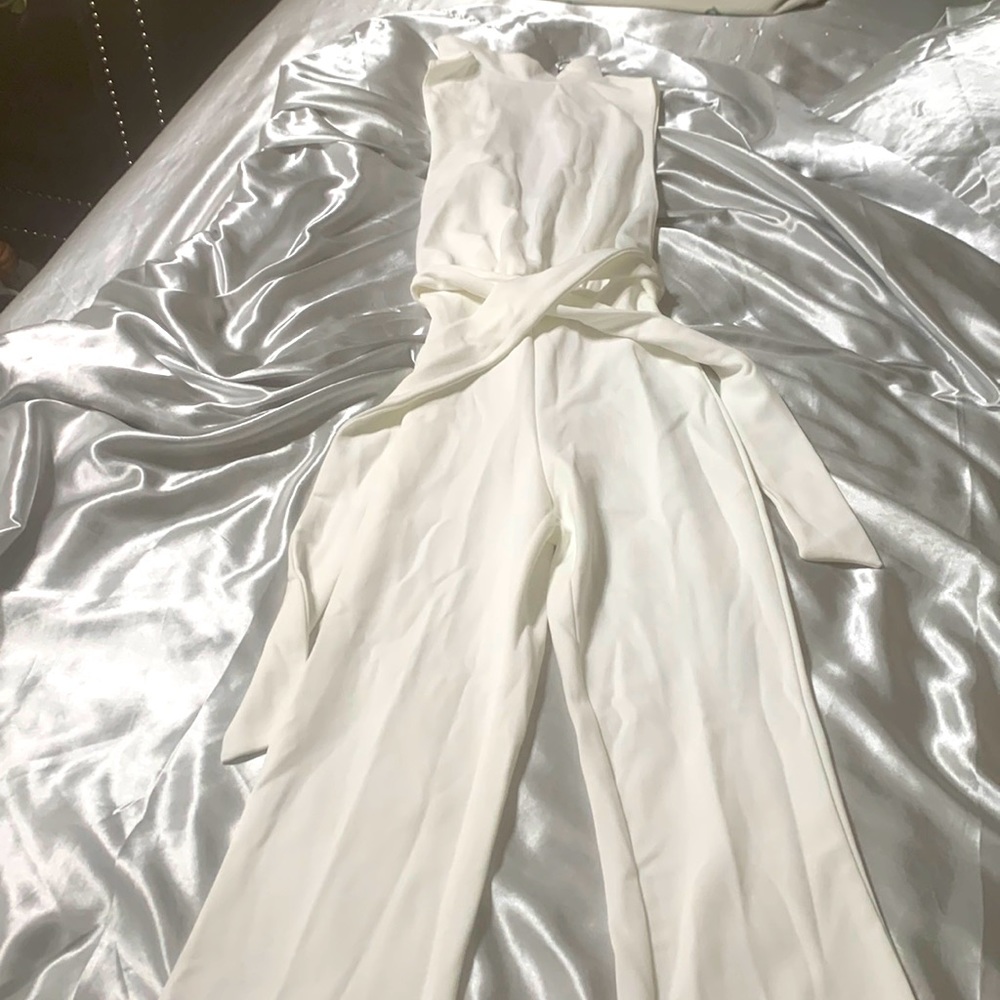 White scuba high neck tie waist jumpsuit